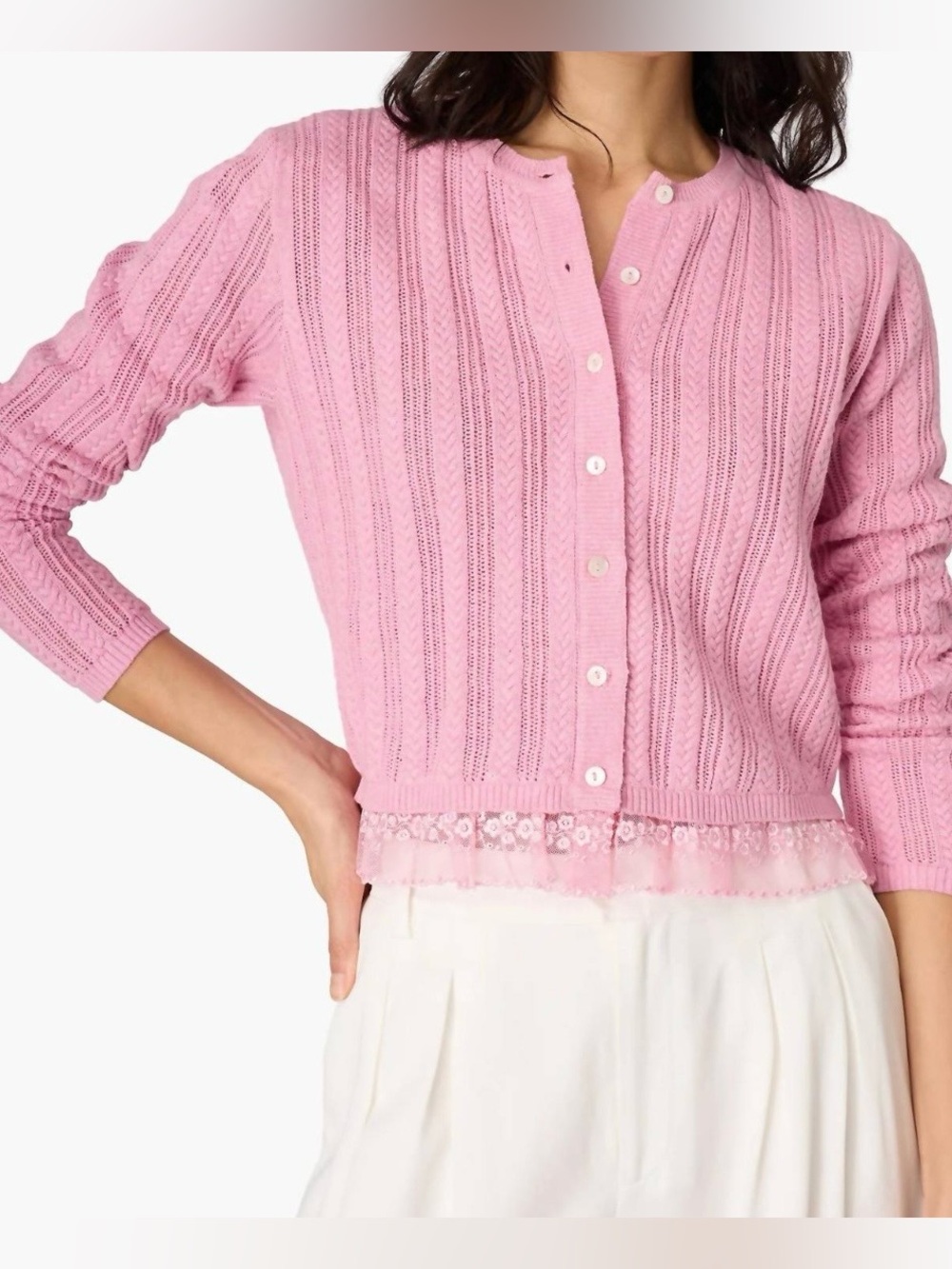NWT CAMI NYC
Pedra Mixed Stitch Cardigan with Lace, in Rosebud, Size XS